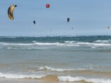 Kitesurfers skillfully riding waves under a clear blue sky with colorful kites.