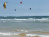 Kitesurfers skillfully riding waves under a clear blue sky with colorful kites.